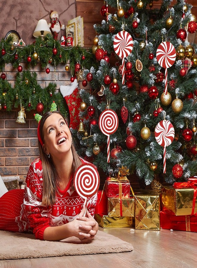 COCHIE 4Pcs Double-Sided Glitter Christmas Wood Candy Ornaments, 12" Large Lollipop Candy Ornaments Xmas Tree Candy Cane Hanging Ornament, Wooden Red Christmas Tree Decorations Peppermint Xmas Decor - Image 4
